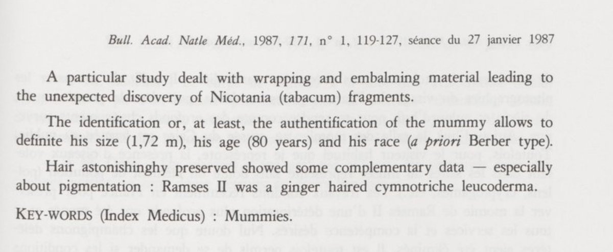 ralphyellis's tweet photo. *** Ramesses and Cleopatra were Ginger Haired ***

There are many claims swirling around the internet, that everyone in history was a black African, from the pharaohs of Egypt to the Biblical disciples. These claims are, of course, completely specious. History and science demonstrate the opposite - that many members of these ancient royal families were actually pale and ginger.

Ramesses.

For instance, the mummy of Ramesses the Great was taken to Paris for preservation, and Prof Pierre Ceccaldi of the Paris Forensic Laboratory determined he had:  Quote: Hair astonishingly preserved which showed … Ramses II was a ginger haired cymnotriche leucoderma.”  (ie:  pale skinned man with wavy ginger hair.)   See Bulletin de l’Academie de Médecine - Volume 171.  The mummy of Ramesses the Great can be seen to be ginger, in the Cairo Museum. And the forensic examination determined that this was melanin ginger, and not a hair-dye like henna.

Cleopatra.
The same is true of Queen Cleopatra, the half Macedonian queen of Egypt. Modern media, including the BBC, have portrayed Queen Cleopatra as a black lady with black hair.  Yet ancient Rome portrayed her as pale skinned and ginger.  The upper image here comes from Herculanium (Pompeii), and were likely painted within living memory of Cleopatra. The lower image was subject to modern social and political constraints.

It is not surprising that Cleopatra would be ginger.  Many of the Egyptian monarchy were ginger (as we have just seen), and many of the Greek aristocracy had 'golden hair', like Achilles, Menelaus, and Helen. Even Alexander was a rusty red-head.  So who do we believe - the lying Modern Media or the Roman Media?  Is modern society improving or deteriorating?    Images:

a.  Ramesses the Great was ginger.
b.  Forensic report on Ramesses the Great. 
c.  Frescos of Cleopatra from Herculanium. 
d. The BBC Cleopatra.  

Ralph