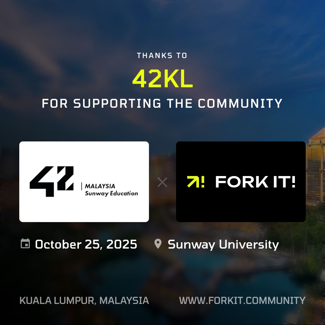 Fork it! Community | Tech Conferences and more (@forkitcommunity) on Twitter photo We’re thrilled to introduce our partner for Fork It! Kuala Lumpur 2025!
<a href="/42KualaLumpur/">42 Kuala Lumpur</a> is a tuition-free tech school implanted in 54 cities around the world. It trains developers with an innovative education model: a peer-to-peer learning environment, no teachers, no lectures. We’re thrilled to introduce our partner for Fork It! Kuala Lumpur 2025!
<a href="/42KualaLumpur/">42 Kuala Lumpur</a> is a tuition-free tech school implanted in 54 cities around the world. It trains developers with an innovative education model: a peer-to-peer learning environment, no teachers, no lectures.
