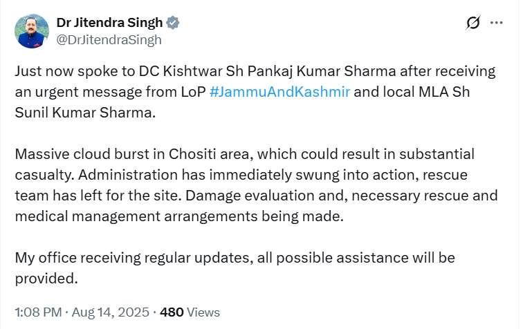Union MoS Dr Jitendra Singh says, "Just now spoke to DC Kishtwar Pankaj Kumar Sharma after receiving an urgent message from J&amp;K LoP and local MLA Sunil Kumar Sharma. A massive cloud burst in Chositi area, which could result in substantial casualty.