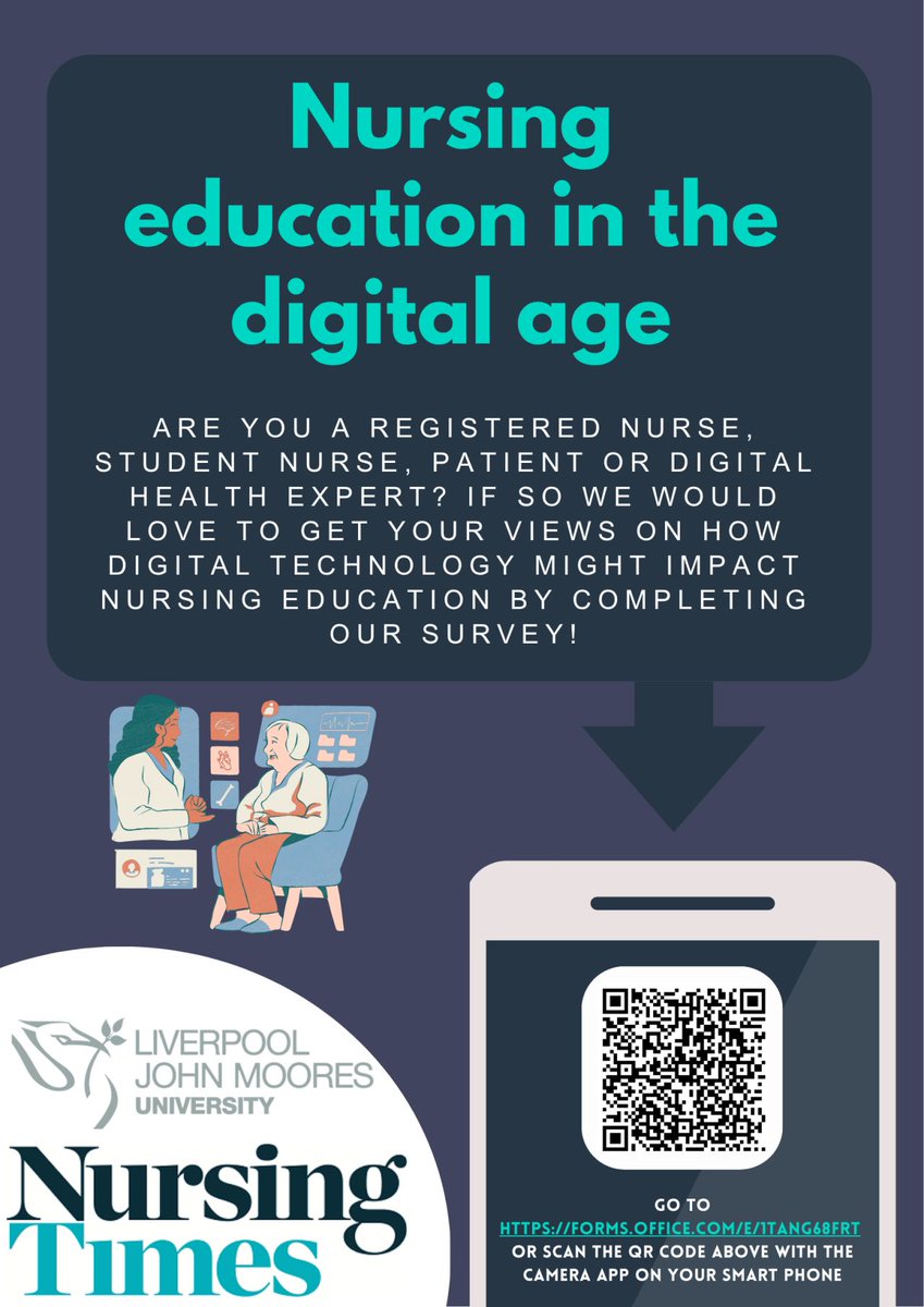 There's one week left to take part in <a href="/NursingTimes/">Nursing Times</a> &amp; <a href="/LJMU/">Liverpool John Moores University</a>'s survey on preparing #nurses to use digital tech in patient care.

Help shape the future of digital nursing education by taking part here:  shorturl.at/EEZj2

<a href="/NursingTimes/">Nursing Times</a>