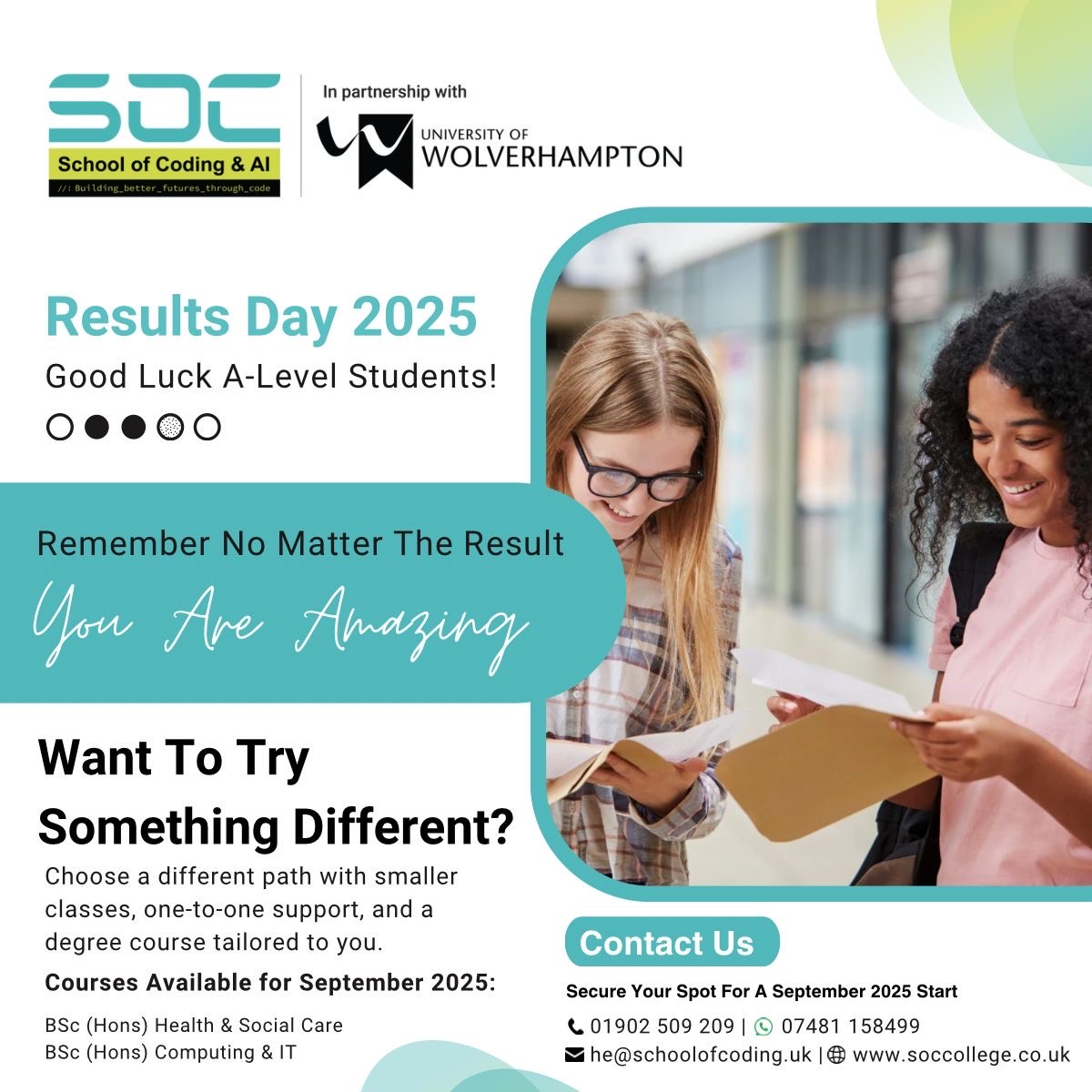 schoolofcoding's tweet image. Good luck to all the students who will be receiving their A-Level results today!

No matter the outcome, remember this is just one step in your journey — your future is full of possibilities. 

Get in touch with us to kickstart your career! 

#ALevelResultsDay #resultsday2025