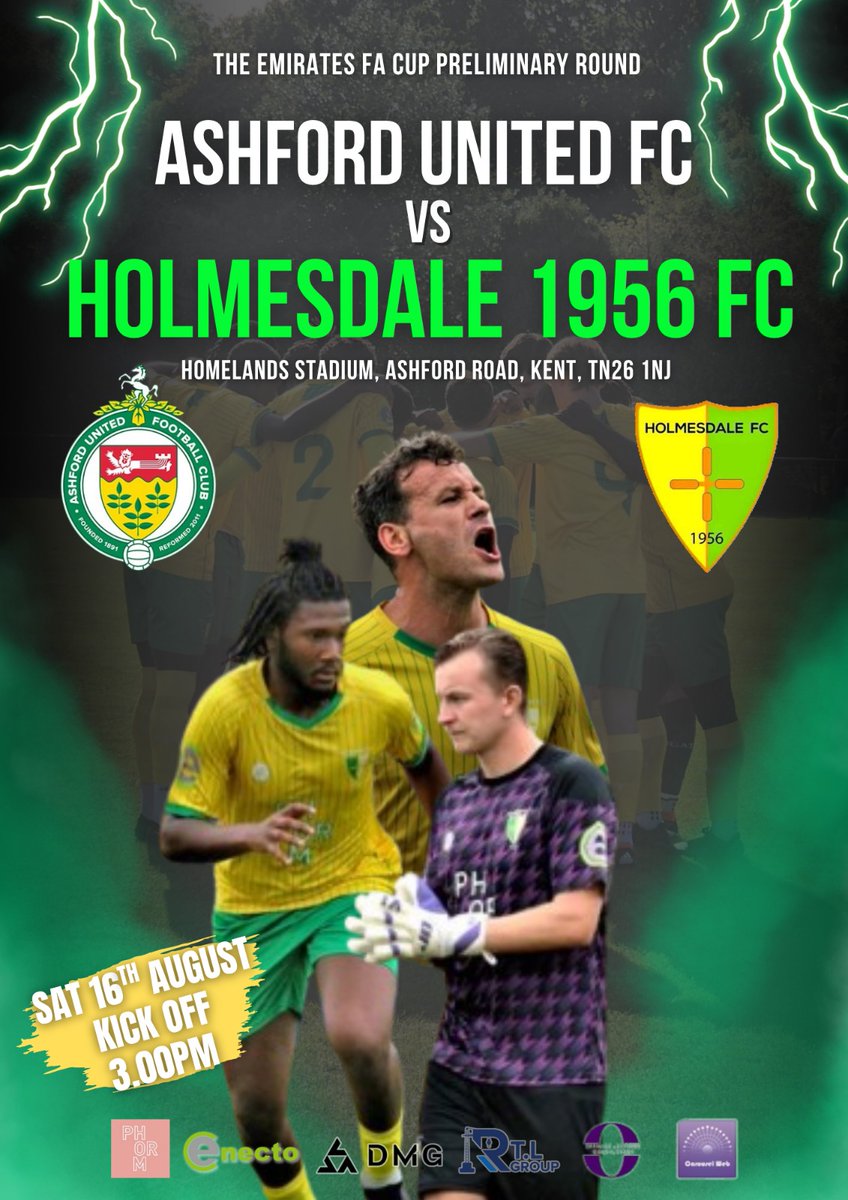 📢COMING UP NEXT 📢    

🔰 The FA Cup 🔰
#Dale Are on the road in
The <a href="/EmiratesFACup/">Emirates FA Cup</a>
#COYD 💛💚⚽️

<a href="/AshfordUnitedFC/">Ashford United FC</a>
v
<a href="/HolmesdaleFC/">Holmesdale 1956 FC</a>

<a href="/NonLeagueCrowd/">Non League Crowds</a>
<a href="/NonLeaguePaper/">The Non-League Paper</a>
<a href="/KentOnlineSport/">KentOnline Sport</a>

📅 Sat 16th August 
🆚 Ashford Utd
⏰ 3pm
🏟 Homelands Stadium, Ashford Road, Kingsnorth TN261NJ