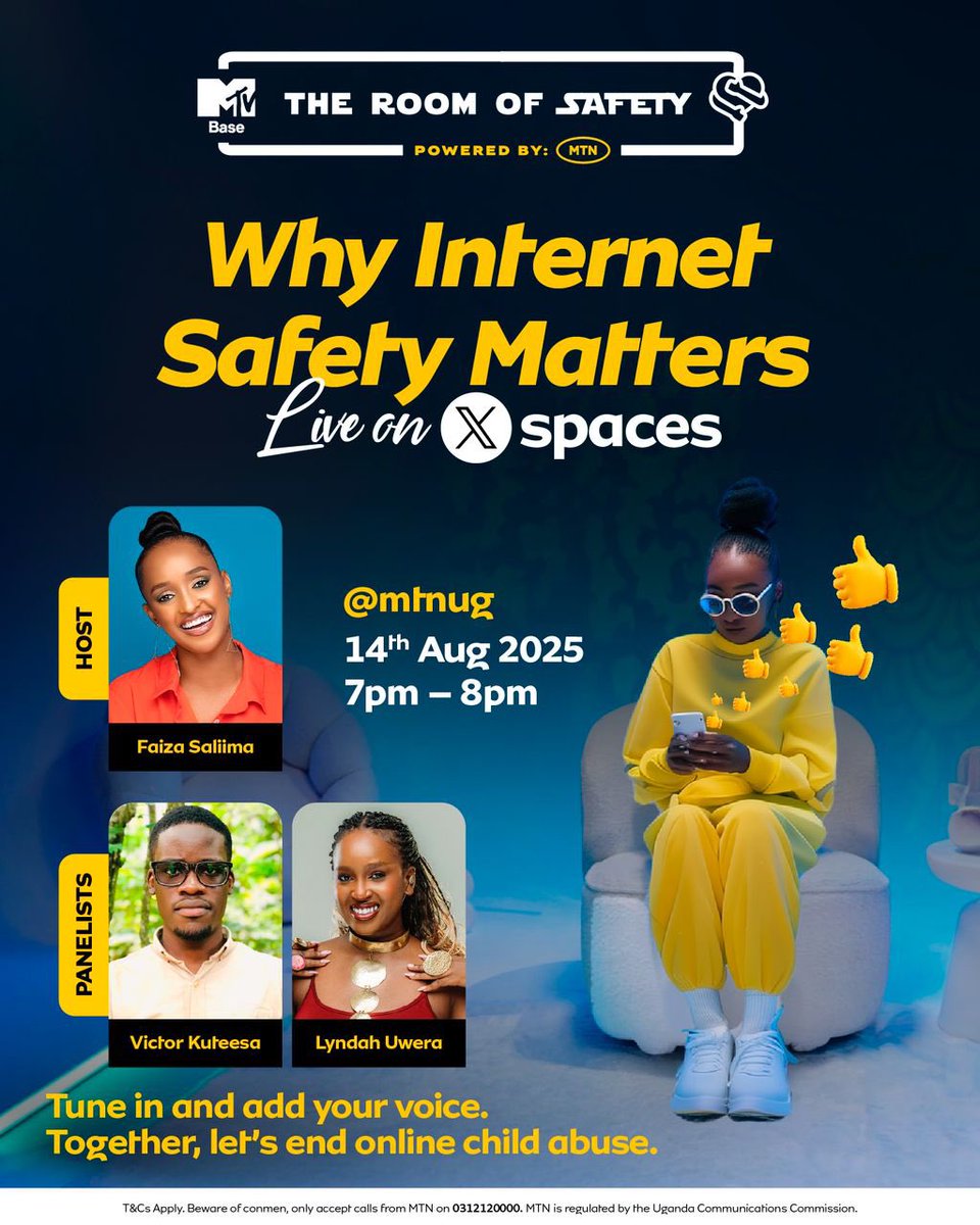 This evening, #MTNPulse and <a href="/LIVEMORE_UG/">LIVE MORE</a> will be hosting an X-Space on 'Why Internet Safety Matters'.

It’ll be moderated by the amazing <a href="/Faizafabz/">Faizafabz</a> with guests <a href="/KuteesaV/">Kuteesa Victor</a> and <a href="/UweraLyndah/">Uwera 🦋</a>.

Do tune in at 7PM to not only listen in but add your voice too. #TogetherWeAreUnstoppable