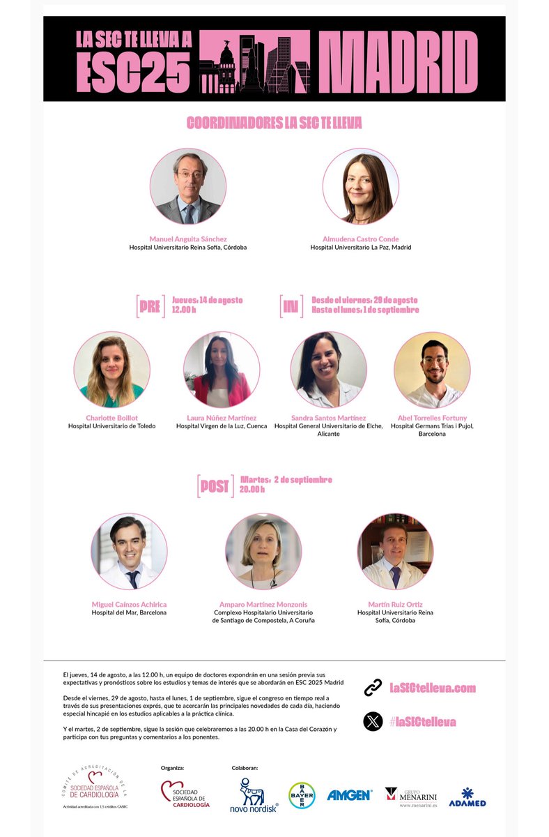 Almudena Castro Conde (@almucastro01) on Twitter photo Empieza #LaSECteLleva al ESC Congress 2025
A partir de hoy a las 12:00 podrás acceder al cardioTV del PREcongreso para saber qué estudios y guías se van a presentar durante esos días, de la mano de <a href="/anguita_m/">Manuel Anguita</a> <a href="/C_Boillot/">Charlotte Boillot</a> <a href="/Laurynumar/">Laura Núñez Martínez</a> <a href="/drassantos/">Sandra Santos-Martinez</a> y <a href="/abel_torrelles/">Abel Torrelles Fortuny</a>
Conéctate con tus Empieza #LaSECteLleva al ESC Congress 2025
A partir de hoy a las 12:00 podrás acceder al cardioTV del PREcongreso para saber qué estudios y guías se van a presentar durante esos días, de la mano de <a href="/anguita_m/">Manuel Anguita</a> <a href="/C_Boillot/">Charlotte Boillot</a> <a href="/Laurynumar/">Laura Núñez Martínez</a> <a href="/drassantos/">Sandra Santos-Martinez</a> y <a href="/abel_torrelles/">Abel Torrelles Fortuny</a>
Conéctate con tus