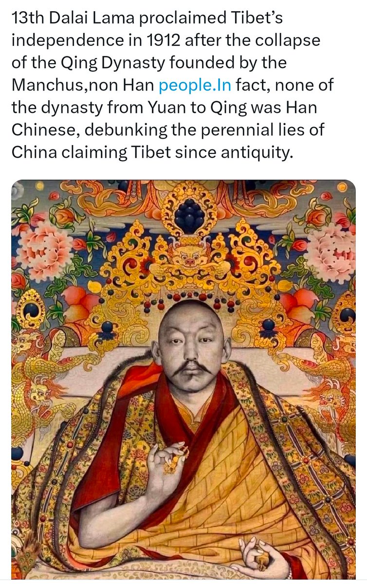 1912ལོར་ཏཱ་ལའི་བླ་མ་སྐུ་ཕྲེང་བཅུ་གསུམ་པས་མན་ཇུ་རིགས་ཀྱི་རྒྱ་མི་མིན་པའི་རྒྱལ་རབས་རྩ་གཏོར་བཏང་རྗེས་བོད་རང་བཙན་གྱི་ཁྱབ་བསྒྲགས་གནང་བ་རེད། དོན་དངོས་ཐོག་ཡོན་རྒྱལ་རབས་ནས་ཆིང་རྒྱལ་རབས་བར་དུ་རྒྱ་མི་གཅིག་ཀྱང་མེད་
<a href="/mike877711/">མཐོ་སྒང་གི་འབྲོག་ཕྲུག（互Fo互Zan）</a> <a href="/ShengXue_ca/">盛雪SHENG Xue</a> <a href="/SujeetKOfficial/">Sujeet Kumar 🇮🇳</a> <a href="/iingwen/">蔡英文 Tsai Ing-wen</a> 
#StandWithTibet