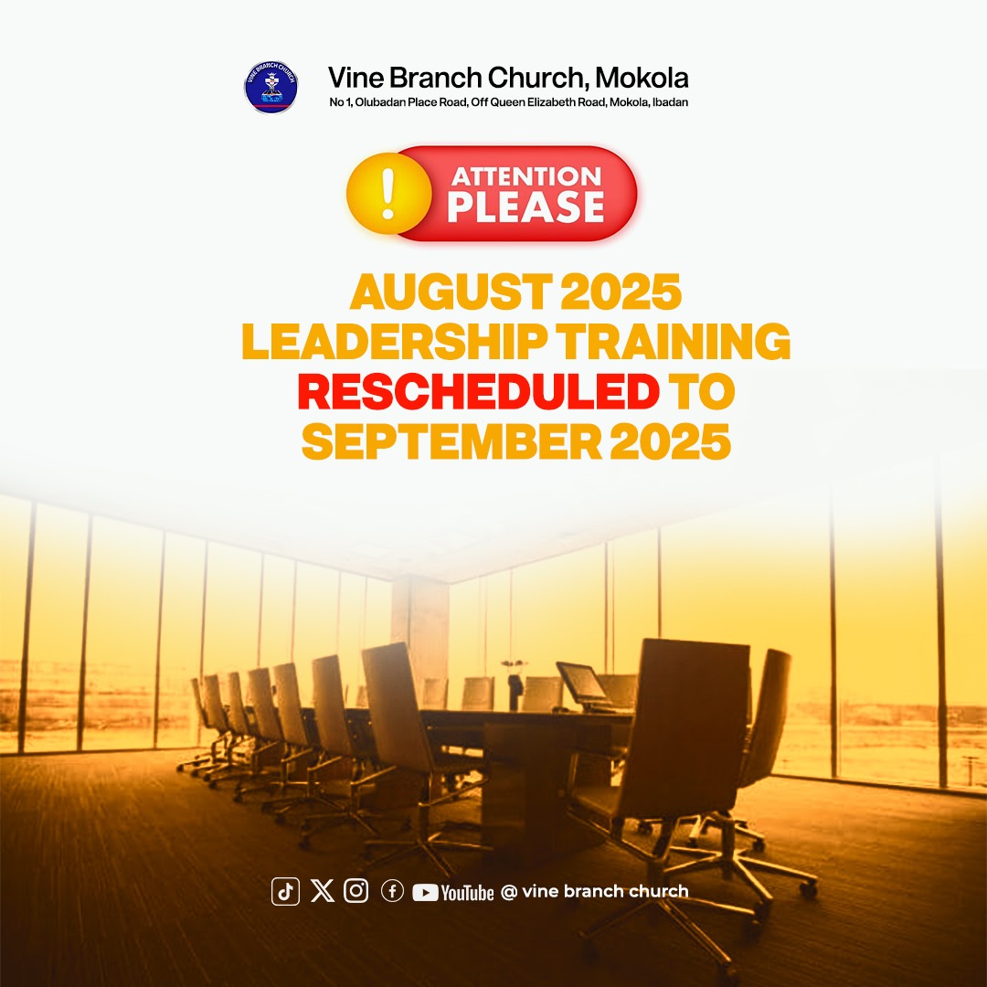 VBCmokola's tweet photo. ANNOUNCEMENT ๐จ
There will be NO Leadership Training this week.
This is due to the federal bye-elections and the movement restrictions in place.
Our next session will hold in September โ see you then!
#LeadershipTraining
#ChurchUpdate
#StayInformed
#VineBranchChurch https://t.co/DTQ003HcR9