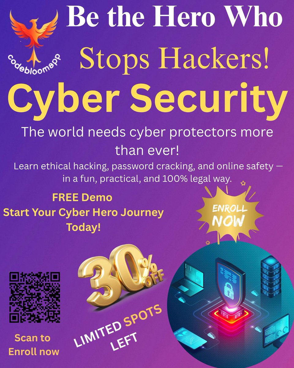 codebloomapp's tweet image. Learn Cybersecurity
& Protect the Digital World!
Join our Cybersecurity Course and master ethical hacking, data protection & online safety.
Don't wait — seats are limited! Be the
shield in the digital world.
Register now in just 60 seconds link in bio.
📞+91 75697 65474