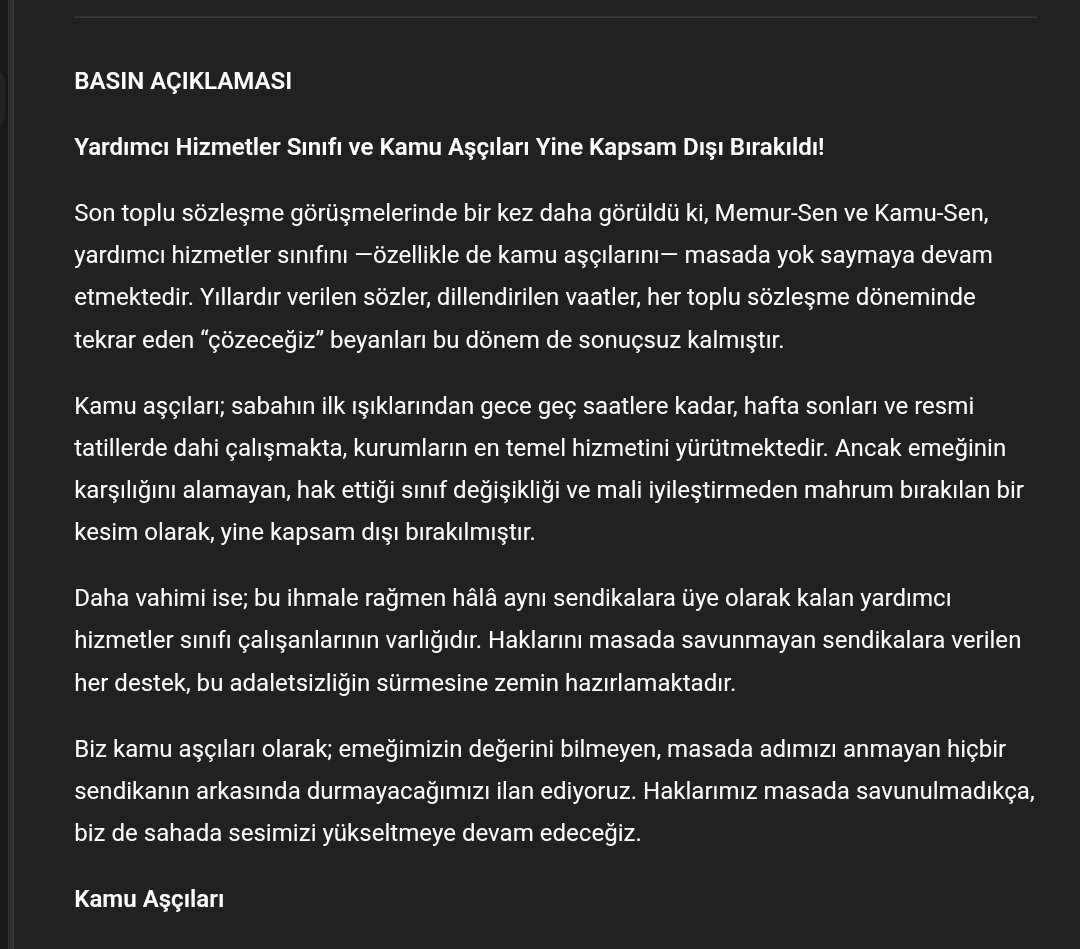 Yıllardır aynı tablo!
Toplu sözleşme masasında yardımcı hizmetler sınıfı ve kamu aşçıları yine kapsam dışı!
Biz varız ve susmayacağız! ✊🍲
#KamuAşçıları #YardımcıHizmetler #TopluSözleşme #HakYoksaDestekYok #MemurHakları #Adaletİstiyoruz #SendikaSessiz #EmeğinHakkı #KamuÇalışanı
