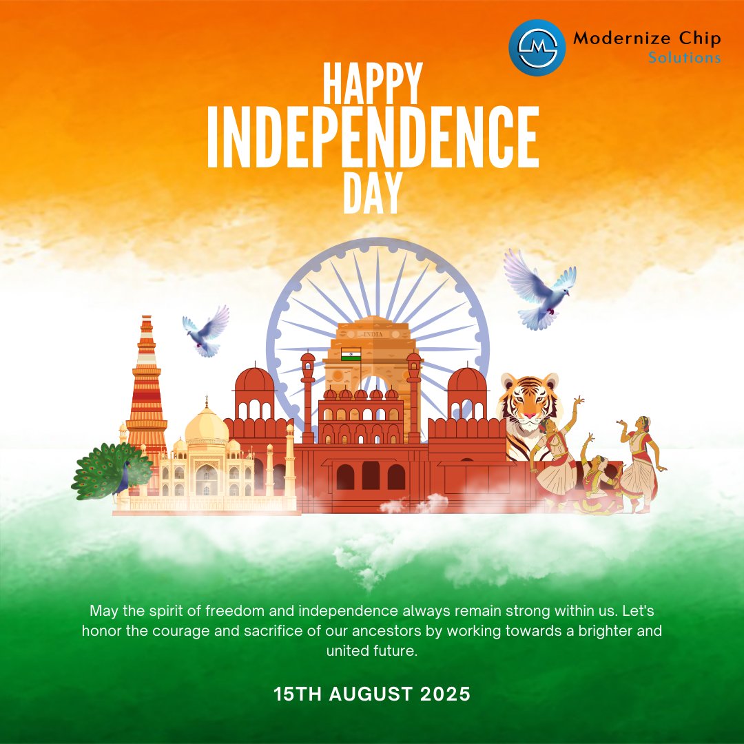 ModernizeChip's tweet image. This Independence Day, let&apos;s remember the sacrifices that built our freedom and work together towards a brighter, united tomorrow.

Modernize Chip Solutions (MCS) wishes everyone a Happy 78th Independence Day!

#IndependenceDay2025 #ProudToBeIndian #TeamMCS #UnitedForProgress