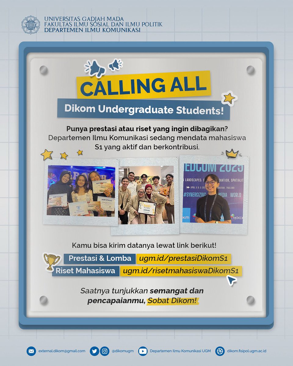 ‼️ Panggilan kepada seluruh sobat Dikom ‼️

Halo sobat Dikom! 
Buat kamu yang punya prestasi baik lomba, konferensi, ataupun hasil riset bisa segera kamu submit melalui link berikut  ya 😍👇

🔗 Lomba &amp; Prestasi: ugm.id/prestasiDikomS1
🔗 Riset Mahasiswa: ugm.id/risetmahasiswa…