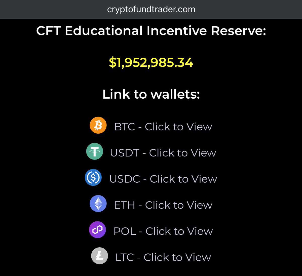 ๐๐
ด๐
ฐ $ ๐
ป๐๐
ท ๐๏ธ (@cryptoplays_) on Twitter photo CFT now have almost $2M in proof of reserves๐ฐ
What it means for you:
โข Your funds are secure
โข No delays in withdrawals
โข Trust backed by proof.
- The funds are public and can be Verified by anyone๐ฅ
Anyone can talk - few can proof. <a href="/CFTradercom/">Crypto Fund Trader</a> is showing proof ๐ CFT now have almost $2M in proof of reserves๐ฐ
What it means for you:
โข Your funds are secure
โข No delays in withdrawals
โข Trust backed by proof.
- The funds are public and can be Verified by anyone๐ฅ
Anyone can talk - few can proof. <a href="/CFTradercom/">Crypto Fund Trader</a> is showing proof ๐