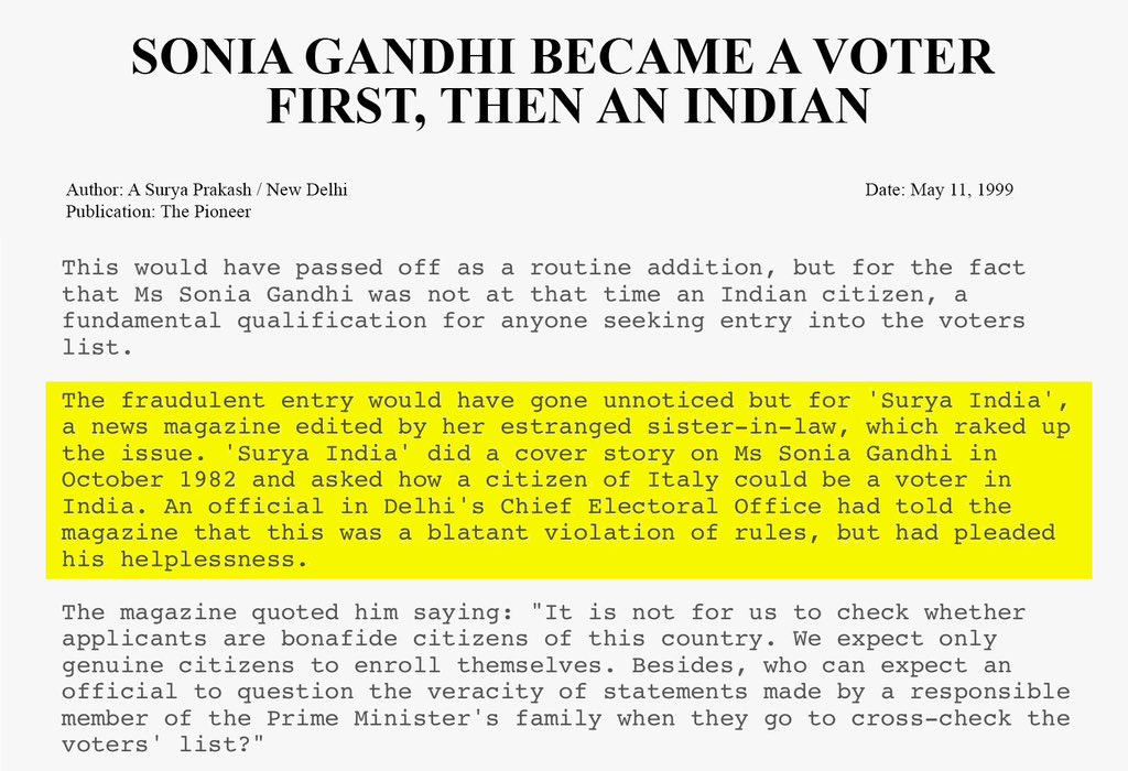 Congress Trolls: If in doubt, please contact Smt. Maneka Gandhi, who first broke the story of Sonia Gandhi’s bogus vote in Surya India, a magazine she edited.

Extract:

The fraudulent entry would have gone unnoticed but for 'Surya India', a news magazine edited by her estranged