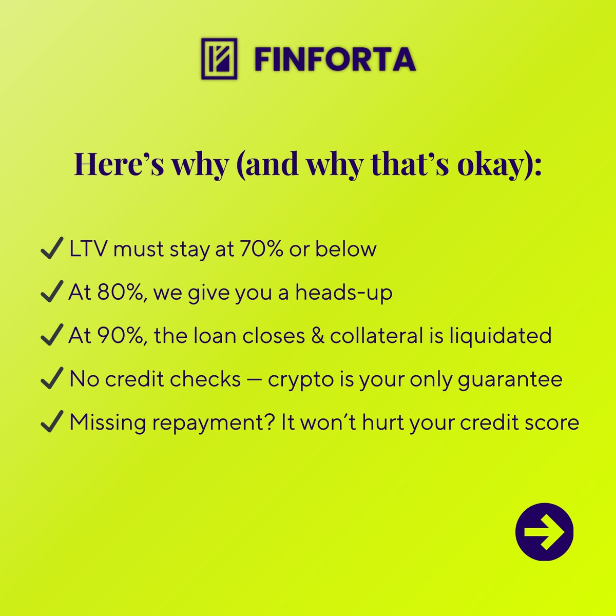 FinfortaCrypto's tweet photo. 🚨 Crypto-backed loans aren’t “risk-free” — and that’s exactly why they’re transparent.

Here’s the deal with FinForta:
📊 Keep LTV under 70%
🔔 Get alerts at 80%
❌ At 90%, loan closes & collateral is sold
🆓 No credit checks, no credit score impact
💪 You’re always in control — repay, top-up, or walk away.

Clear terms. No surprises.
🔗 https://t.co/dH2h9XYMWf

#FinForta #CryptoLoans #SmartBorrowing #EUcrypto #FinancialFreedom #CryptoCollateral #KnowTheRisk