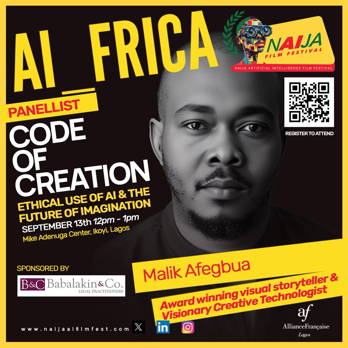 NaijaAIFilmFest's tweet photo. Can’t wait to listen to @slickcityceo on this all important panel session. 

Scan the barcode to register!
Register here - https://t.co/LghDLptdEs

Venue - Alliance Française, Mike Adenuga Center, Ikoyi, Lagos. 
#Naiff #AI_FRICA https://t.co/19wLQsxX4q