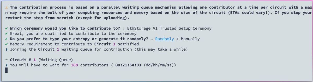 🛠 EthStorage V1 Trusted Setup Ceremony 
EthStorage is a modular and decentralized storage Layer 2 that offers programmable key-value storage powered by DA.

      📅 Aug 13 – 22, 2025 (UTC)
✅ GitHub ≥ 1mo old,  ≥ 1 repo, follows ≥ 5, ≥ 1 follower, 
✅ Stable internet