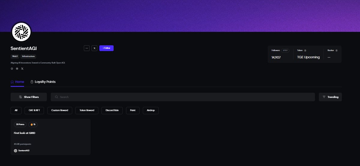 Sentient is introducing a gamified quest system where engaging on X or taking part in Discord AMAs earns you blockchain-backed Loyalty Points. These points will be a major factor in assessing AGI roles, with special focus on the Helper and Educator paths.