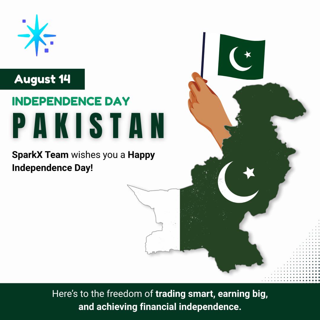 SsparkkX's tweet image. Today, we celebrate not just the independence of our nation, but the freedom to dream, achieve, and grow.
Happy Independence Day, Pakistan! 💚🤍
#14August #HappyIndependenceDay #SparkX #TradeSmart #EarnBig #PakistanZindabad #FreedomToTrade #GreenAndWhite #SparkXFamily