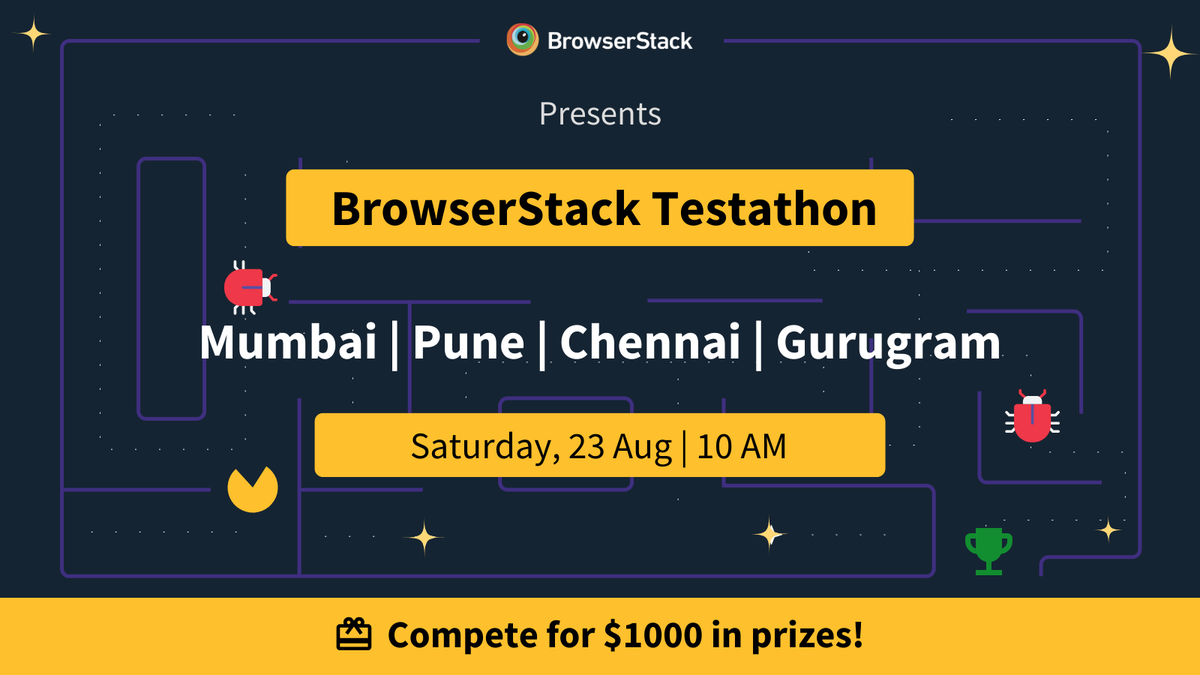 browserstack's tweet photo. ๐ข Calling all testers and developers!
Get ready for the BrowserStack #Testathon! Join us for a day of competitive testing and a chance to win from a prize pool of $1000.
๐๏ธ Saturday, August 23rd | 10 AM
๐ Mumbai, Pune, Chennai, & Gurugram
Ready to compete? Register now! ๐
Mumbai: https://t.co/w8VJxi0NsD
Pune: https://t.co/eN6vwOjQCx
Gurugram: https://t.co/znVa8PvAbC
Chennai: https://t.co/3KAjwhDrPp
Don't forget to fill out the form on the event page to complete your registration! ๐จ
#BrowserStackMeetups #TechEvents