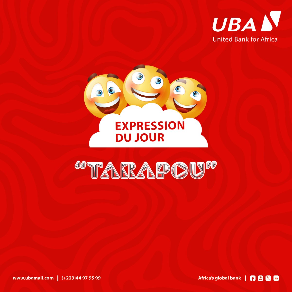 UBA_Mali's tweet photo. 𝐄𝐱𝐩𝐫𝐞𝐬𝐬𝐢𝐨𝐧 𝐝𝐮 𝐣𝐨𝐮𝐫 : “𝐓𝐚𝐫𝐚𝐩𝐨𝐮” 🎉​
Traduction : Les dernières nouvelles.​

✌️Tarapou mi bey ko carte prépayée UBA be ka fere 3000F dron de la.​ 😎

🔔 Et toi, balance ton tarapou du moment !​

#UBAfun #Tarapou #MaliSlang #UBADetente #UBAMali #AfricasGlobalBank