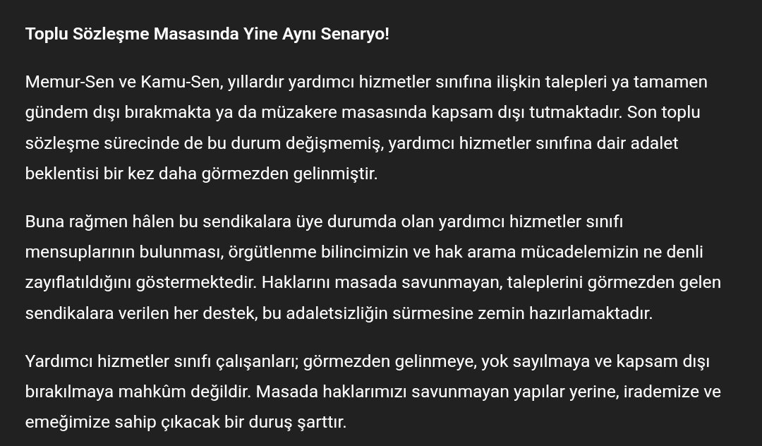 Memur-Sen ve Kamu-Sen, yine aynı senaryo!Toplu sözleşme masasında yardımcı hizmetler sınıfı kapsam dışı bırakıldı.
Haklarımızı masada savunmayan sendikalara verilen her destek, bu adaletsizliği büyütüyor.
Yardımcı hizmetler görmezden gelinmeyecek! ✊

#YardımcıHizmetlersınıfı