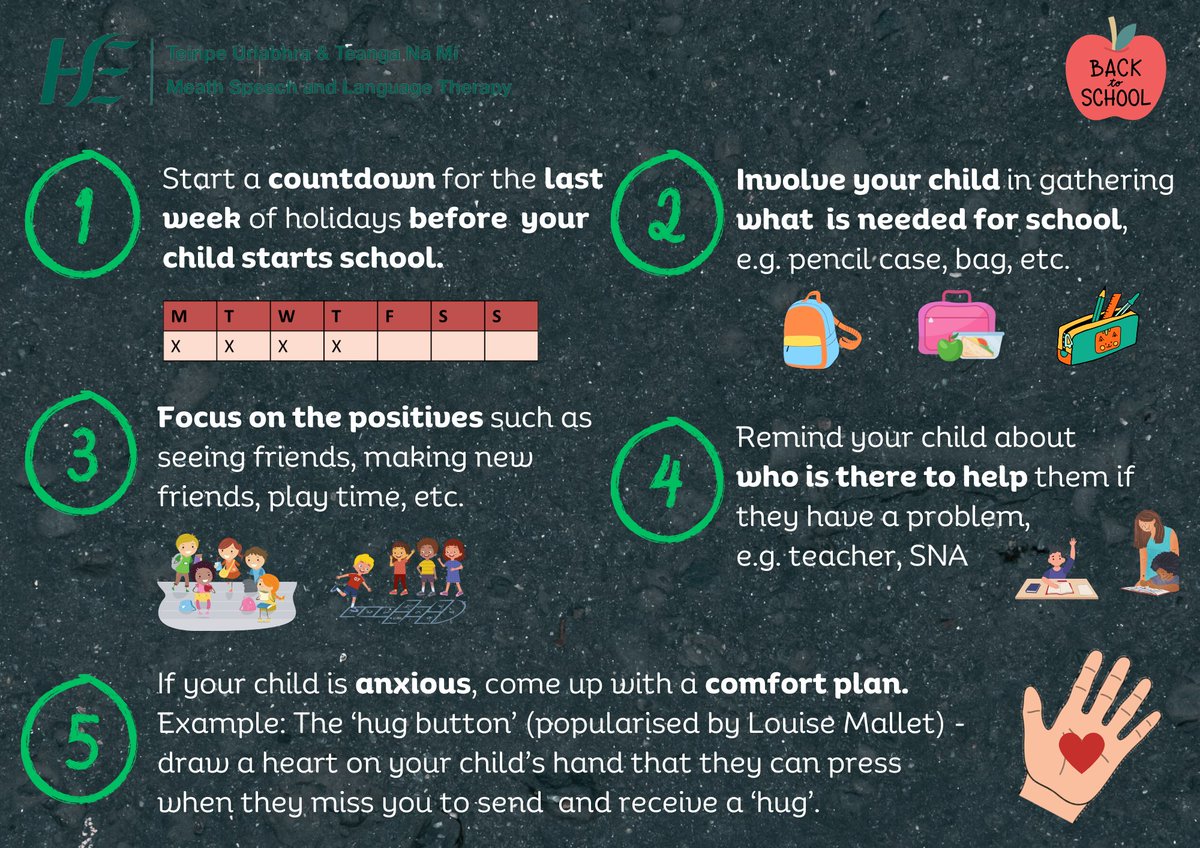 #BackToSchool Top Tips!

Some children are going into a new class, some have moved to a new school, and others are starting school for the first time. It's exciting, but also scary.

Check our #TopTips for getting children ready for #School

#Communication #SLP #SLT #MeathSLT