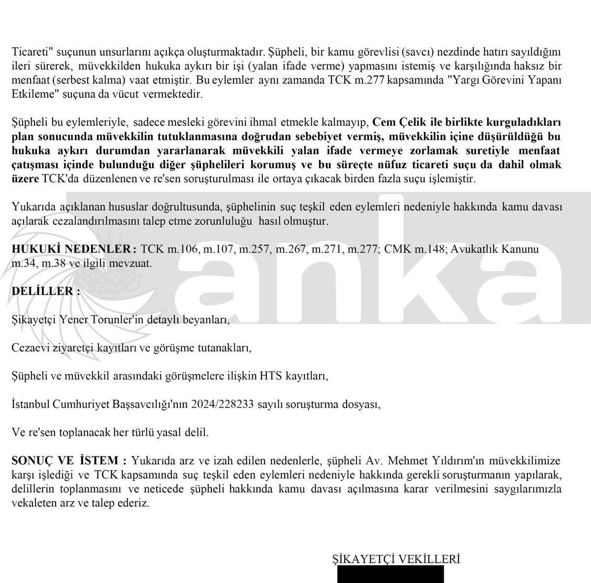 CHP Genel Başkanı Özgür Özel'in basın toplantısında açıkladığı Yener Torunlar'a ait suç duyurusu dilekçesi. (ANKA)
