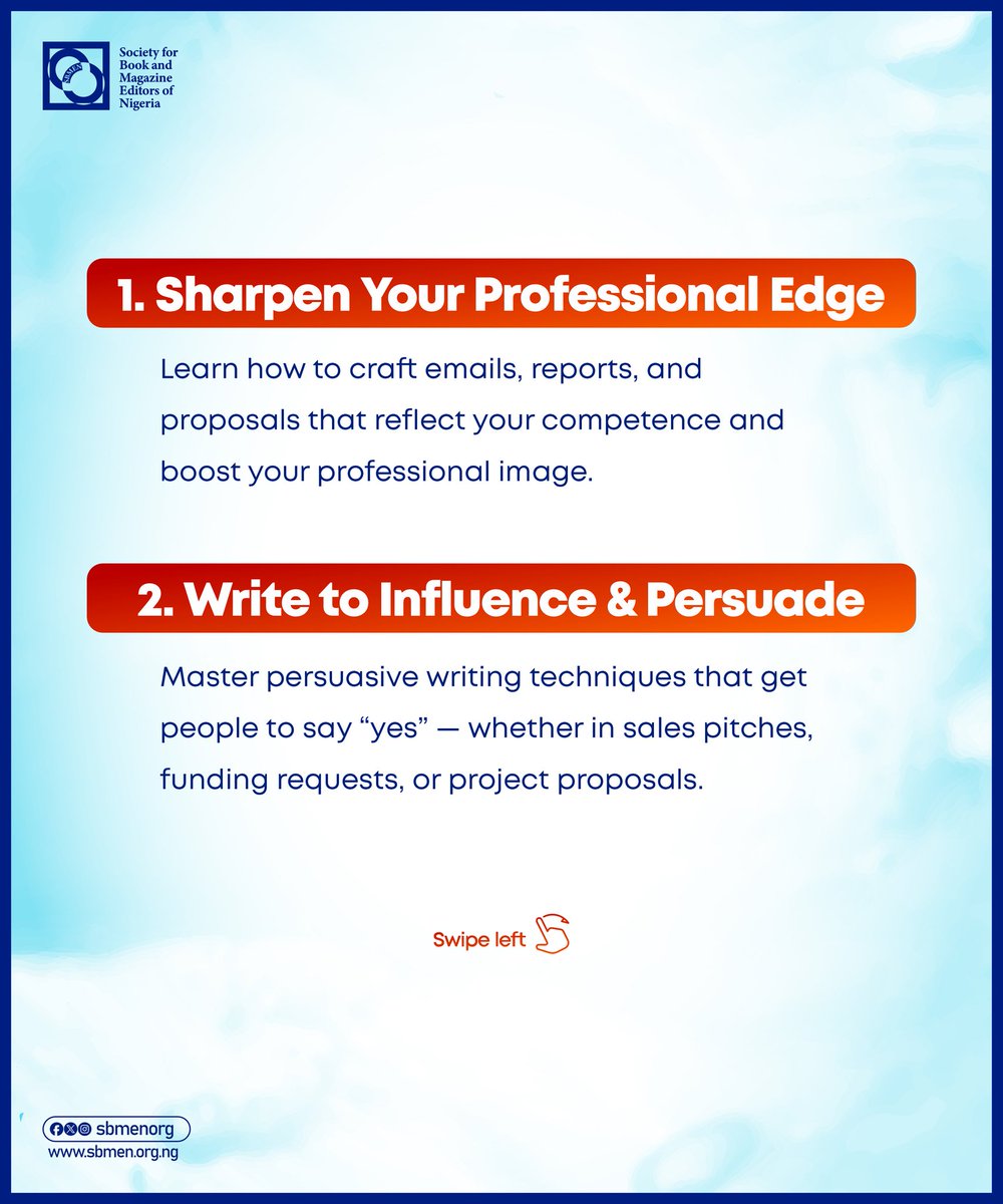 sbmenorg's tweet photo. This one-day Business Writing Skills Masterclass will equip you with the tools to write with clarity, structure, and professionalism.
Hereโs why you should attend.
(Swipe left)๐
Register now: https://t.co/wBJr7gYTWv
#sbmen #editingtraining #editorsnote #editingskills https://t.co/OzRBJIcqz0