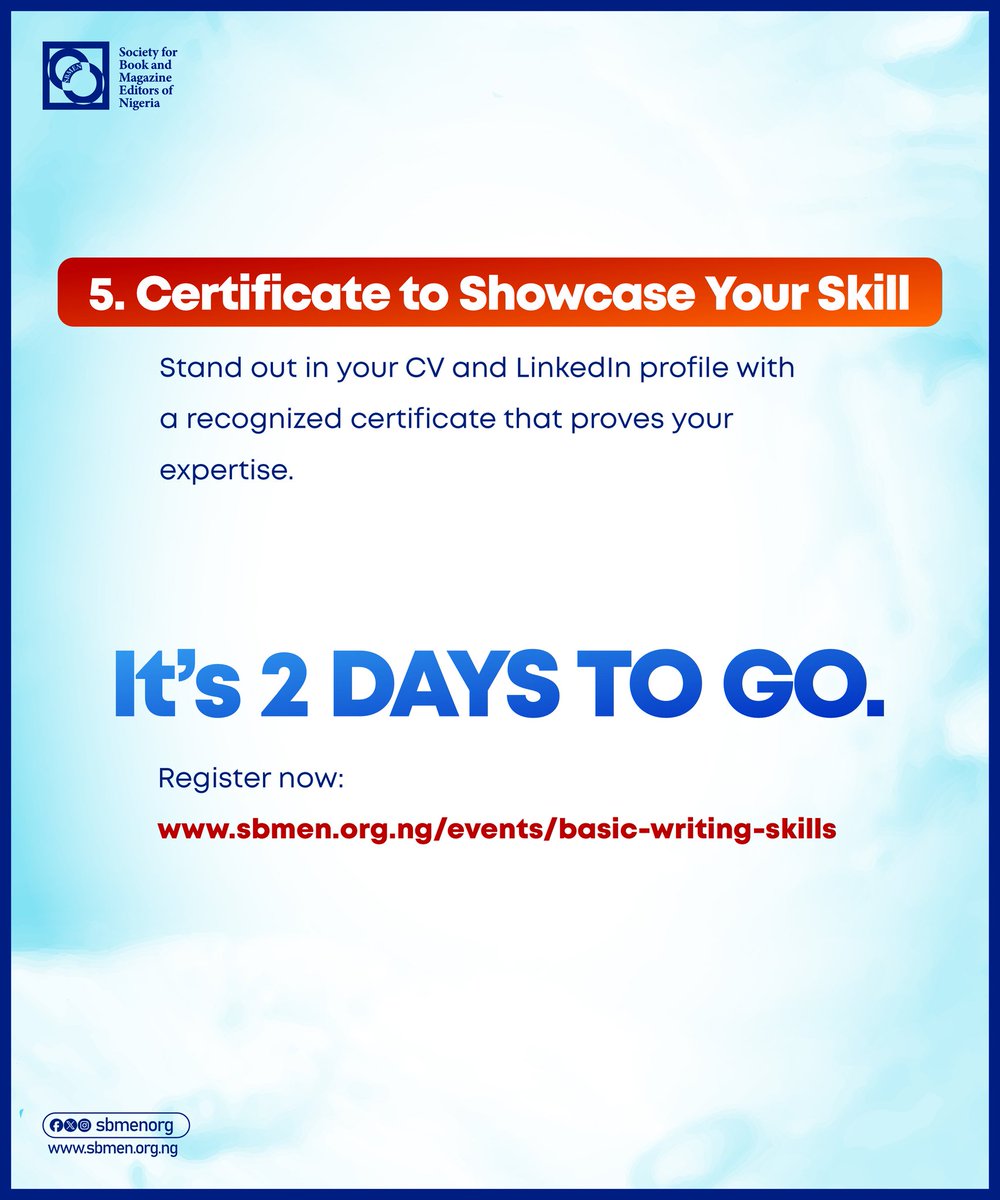 sbmenorg's tweet photo. This one-day Business Writing Skills Masterclass will equip you with the tools to write with clarity, structure, and professionalism.
Hereโs why you should attend.
(Swipe left)๐
Register now: https://t.co/wBJr7gYTWv
#sbmen #editingtraining #editorsnote #editingskills https://t.co/OzRBJIcqz0