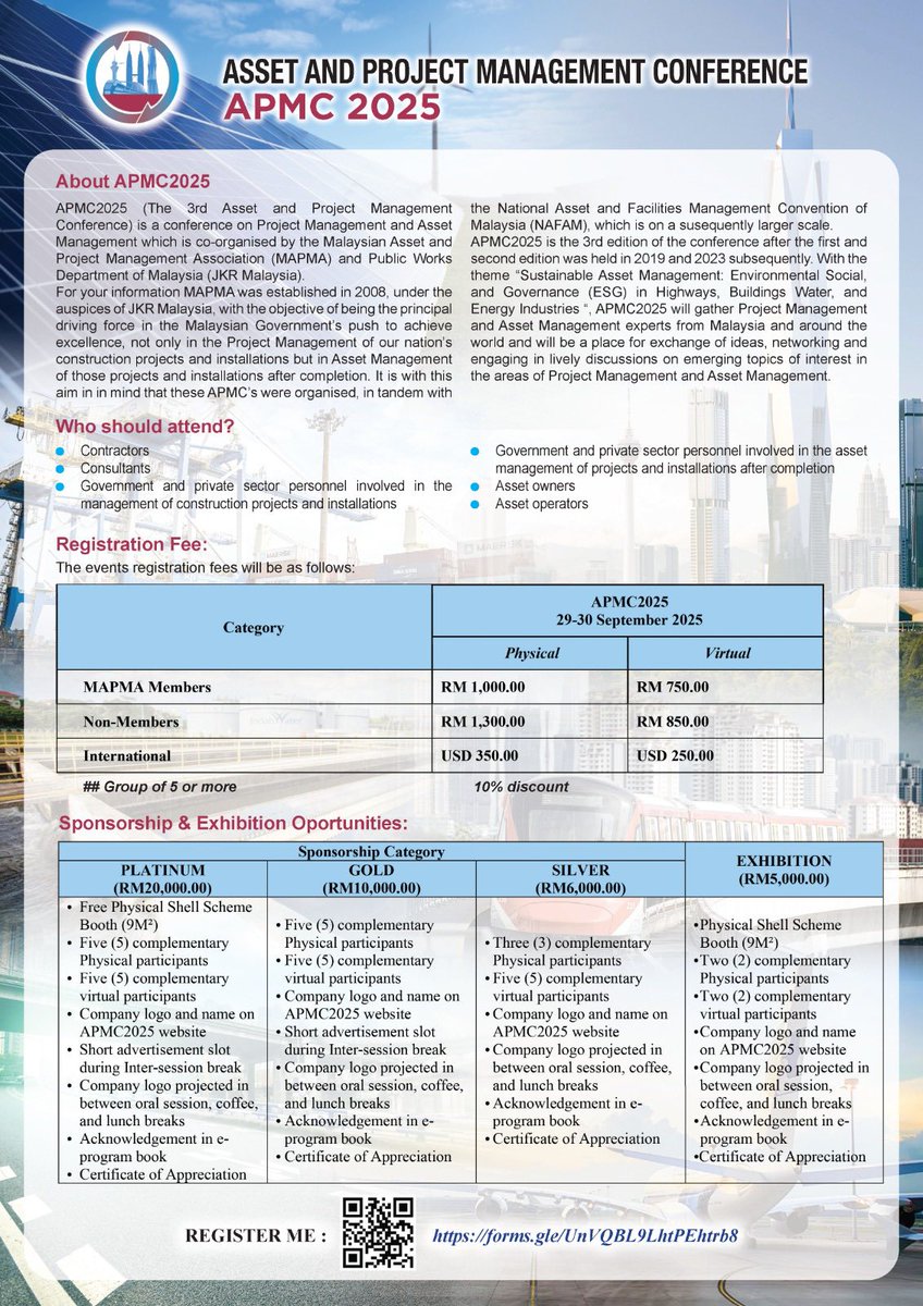 Jemputan ke Asset and Project Management Conference (APMC) 2025 Kali ke-3

Tarikh: 29 – 30 September 2025
Tempat: The Everly Putrajaya
Tema: Environmental, Social and Governance (ESG) in Highways, Buildings, Water and Energy Industries

Daftar sekarang: Imbas QR Code pada poster