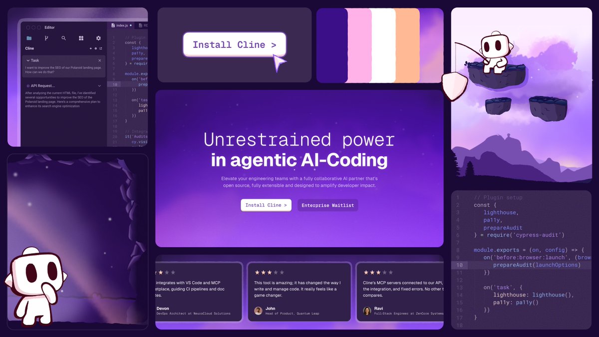 yummygum's tweet photo. We helped @cline shape their next chapter with a fresh visual identity and a brand new website, built in @framer. 

With 1.9M+ VS Code installs and 48K stars on GitHub. Cline is an AI partner that helps devs write better code, faster. 

#cline #designforAI #framer #nocode https://t.co/nslBZFyz4F