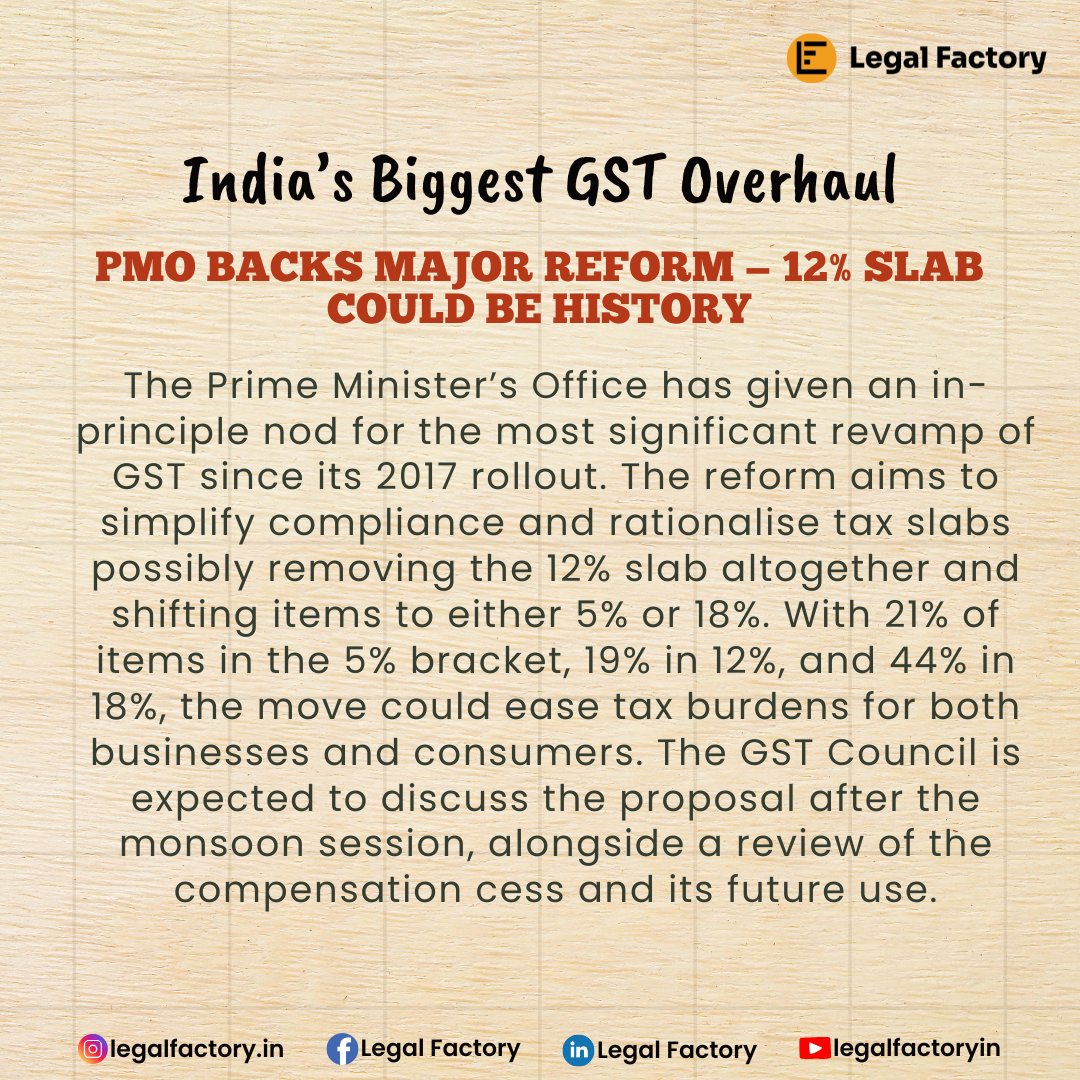 Legalfactoryin's tweet photo. Big #GST shake-up coming!
#PMO clears the path for fewer slabs, easier #compliance & lower #tax burden. The 12% slab might soon be history.
#GSTreform #taxupdate #indianeconomy #gstcouncil #taxpolicy #compensationcess https://t.co/cBiz56n2FS