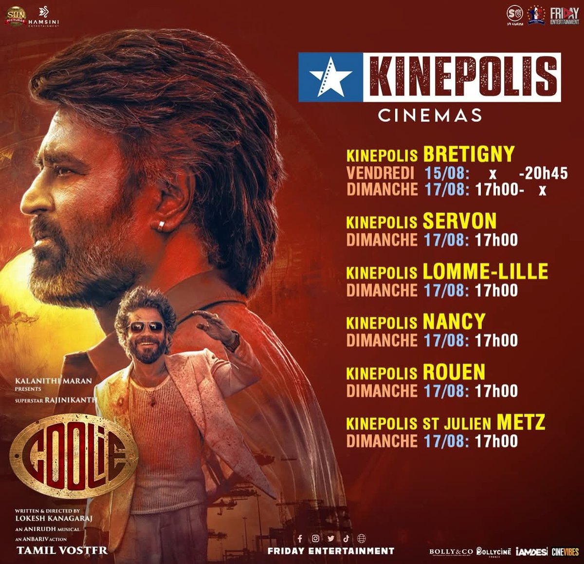 CineVibes (@cinevibes_off) on Twitter photo #COOLIE🇫🇷 | Il y a 50 ans, une étincelle illuminait le cinéma indien… et s’est transformée en flamme éternelle. Son dernier film est actuellement à l’affiche. Découvrez les horaires des séances ! ⭐️
Une sortie <a href="/FridayEntmt/">Friday Entertainment</a> ! #COOLIE🇫🇷 | Il y a 50 ans, une étincelle illuminait le cinéma indien… et s’est transformée en flamme éternelle. Son dernier film est actuellement à l’affiche. Découvrez les horaires des séances ! ⭐️
Une sortie <a href="/FridayEntmt/">Friday Entertainment</a> !