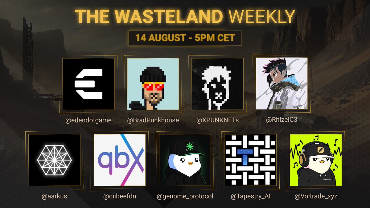 EDEN (@edendotgame) on Twitter photo We hope to see you today at 5PM CET, for another Wasteland Weekly!
We’ll be joined by:
<a href="/aarkus/">Aarkus Intelligence</a>
<a href="/qiibeefdn/">qiibee foundation</a>
<a href="/genome_protocol/">Genome</a>
<a href="/Tapestry_AI/">Tapestry AI</a>
<a href="/Voltrade_xyz/">Voltrade.xyz</a>
🎁 Like, RT & Comment for a chance to join our special giveaway
🎤SET REMINDERS: x.com/i/spaces/1yoJM… We hope to see you today at 5PM CET, for another Wasteland Weekly!
We’ll be joined by:
<a href="/aarkus/">Aarkus Intelligence</a>
<a href="/qiibeefdn/">qiibee foundation</a>
<a href="/genome_protocol/">Genome</a>
<a href="/Tapestry_AI/">Tapestry AI</a>
<a href="/Voltrade_xyz/">Voltrade.xyz</a>
🎁 Like, RT & Comment for a chance to join our special giveaway
🎤SET REMINDERS: x.com/i/spaces/1yoJM…