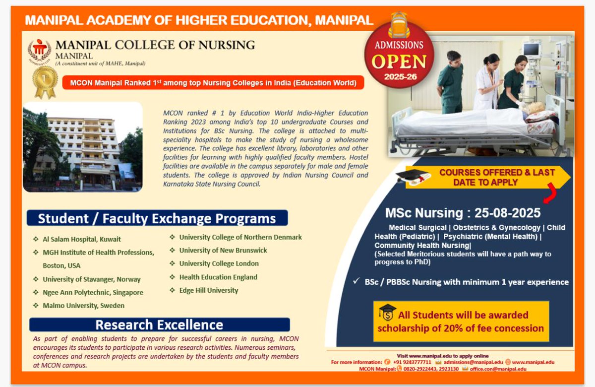 <a href="/MconManipal/">MCON_Manipal</a> <a href="/MAHE_Manipal/">Manipal Academy of Higher Education</a> Admissions open for MSc Nursing 2025-26.
<a href="/jnoronha12/">Judith Noronha</a>