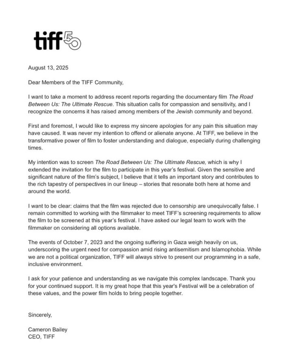 The Toronto International Film Festival reverses its decision to block the film “The Road Between Us: The Ultimate Rescue” about October 7, after global outrage.