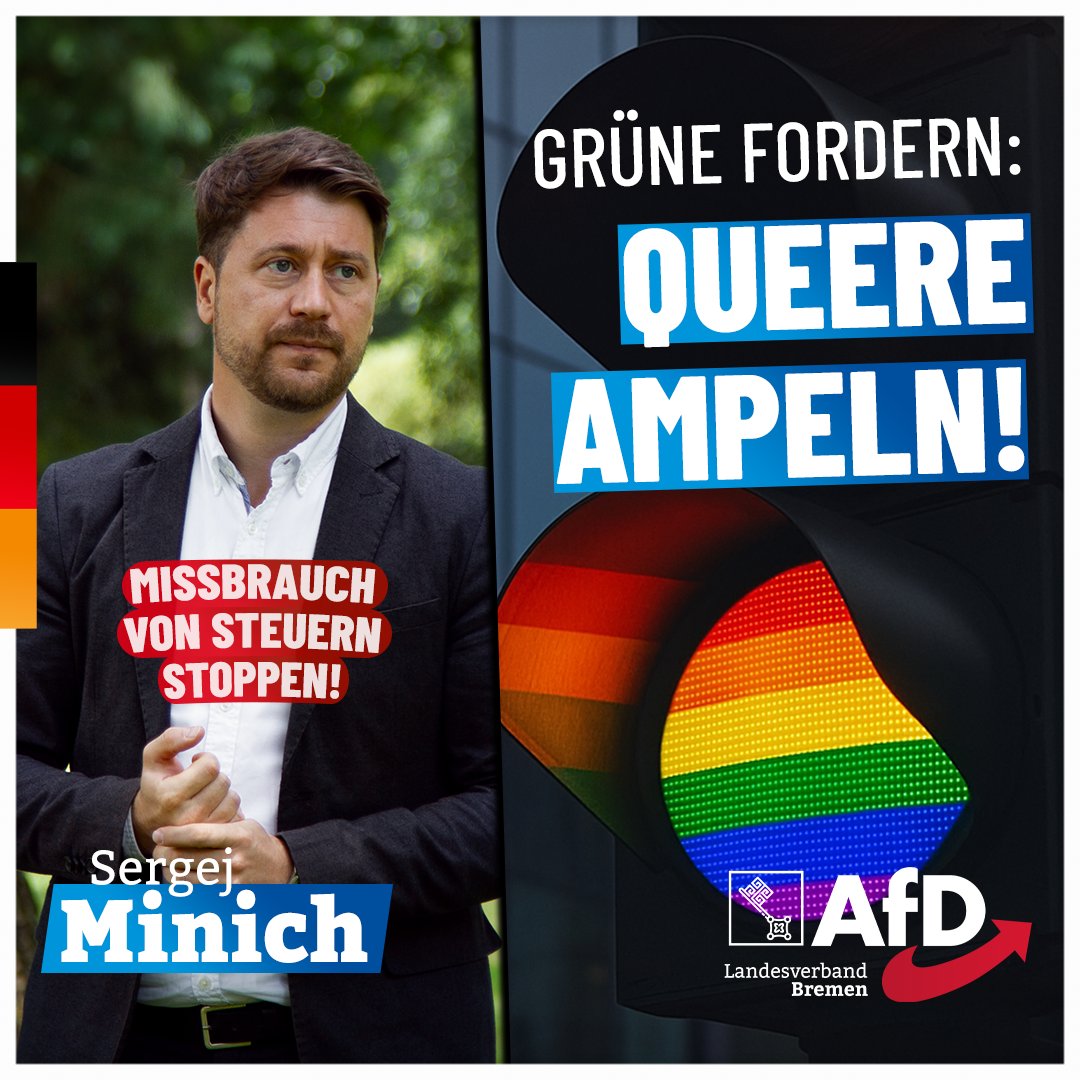 AfD_Bremen's tweet photo. Die Grünen fordern „queere Ampeln“ – eine weitere Skurrilität aus dem rot-grün-roten Experimentierlabor!

Inmitten von wirtschaftlichen Krisen, Energieengpässen und sozialen Spannungen setzen die Grünen auf eine absurde Symbolpolitik, die nichts mit den wahren Herausforderungen unseres Landes zu tun hat. Der Fokus auf Projekte wie diese Ampeln zeigt, wie weit die politisch Korrekten von den Bedürfnissen des Volkes entfernt sind. Es ist an der Zeit, dass wir solche spätrömischen und dekadenten Ideen entschieden gesamtgesellschaftlich ablehnen. Solche Maßstäbe fördern keine gesellschaftliche Stabilität und gehen am eigentlichen Wohl der Bremer vorbei. 

Wir als AfD stehen für eine Politik, die klare Werte vertritt, den Erhalt unserer Kultur schützt und den Missbrauch von Steuergeldern stoppt!