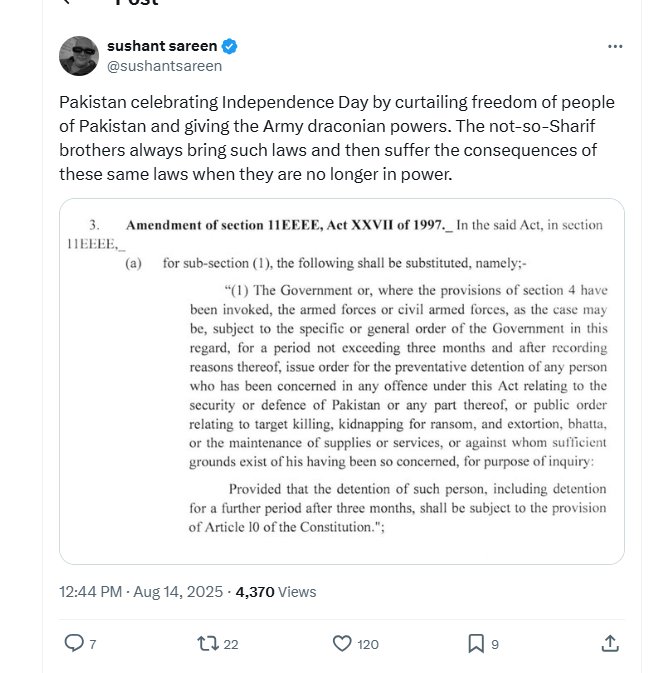 NagarArjun01's tweet photo. Pakistan marks its “freedom” by giving the military more control and the people less voice. The Sharifs never learn—draconian laws eventually turn on their creators.#IndependenceDay #PakistanUnderControl
#war2review #GoGreen https://t.co/beFXdECHu5