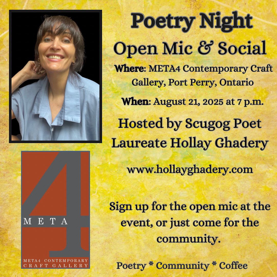 Hollay2's tweet image. Join us for Poetry Night — our second open mic &amp;amp; social of the year, happening in beautiful downtown Port, Perry, Ontario.

Where: META4 Contemporary Craft Gallery, Port Perry, Ontario

When: August 21, 2025 at 7 p.m.

@TwpofScugog