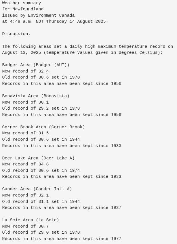 rcbstormpost's tweet photo. In addition to all the highs yesterday, some record warm minimums.

Low 20.1°C at #Cartwright sets new ALL TIME rec; beating 19.5°C (Aug 13, 2021).

Low 21.4°C at Goose Bay #YYR set new AUG rec; beating 21.1°C (Aug 7, 1996).

Summary of highs here:
https://t.co/dVZ80Vln0p #nlwx https://t.co/clcICvyRrl