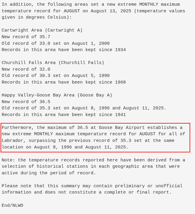 rcbstormpost's tweet photo. In addition to all the highs yesterday, some record warm minimums.

Low 20.1°C at #Cartwright sets new ALL TIME rec; beating 19.5°C (Aug 13, 2021).

Low 21.4°C at Goose Bay #YYR set new AUG rec; beating 21.1°C (Aug 7, 1996).

Summary of highs here:
https://t.co/dVZ80Vln0p #nlwx https://t.co/clcICvyRrl
