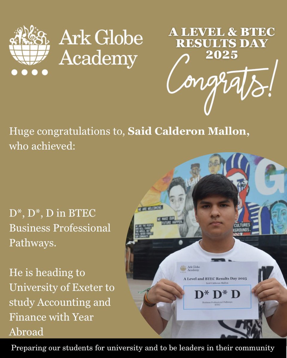 Ark Globe Academy (@arkglobeacademy) on Twitter photo Congratulations to Said who achieved D*, D*, D in #BTEC Business Professional Pathways and will study Accounting and Finance at <a href="/UniofExeter/">University of Exeter</a>
#ALevelResultsDay2025 #Business #Accounting <a href="/ArkSchools/">Ark Schools & Ventures</a> <a href="/MattJones_Globe/">Matt Jones</a> Congratulations to Said who achieved D*, D*, D in #BTEC Business Professional Pathways and will study Accounting and Finance at <a href="/UniofExeter/">University of Exeter</a>
#ALevelResultsDay2025 #Business #Accounting <a href="/ArkSchools/">Ark Schools & Ventures</a> <a href="/MattJones_Globe/">Matt Jones</a>