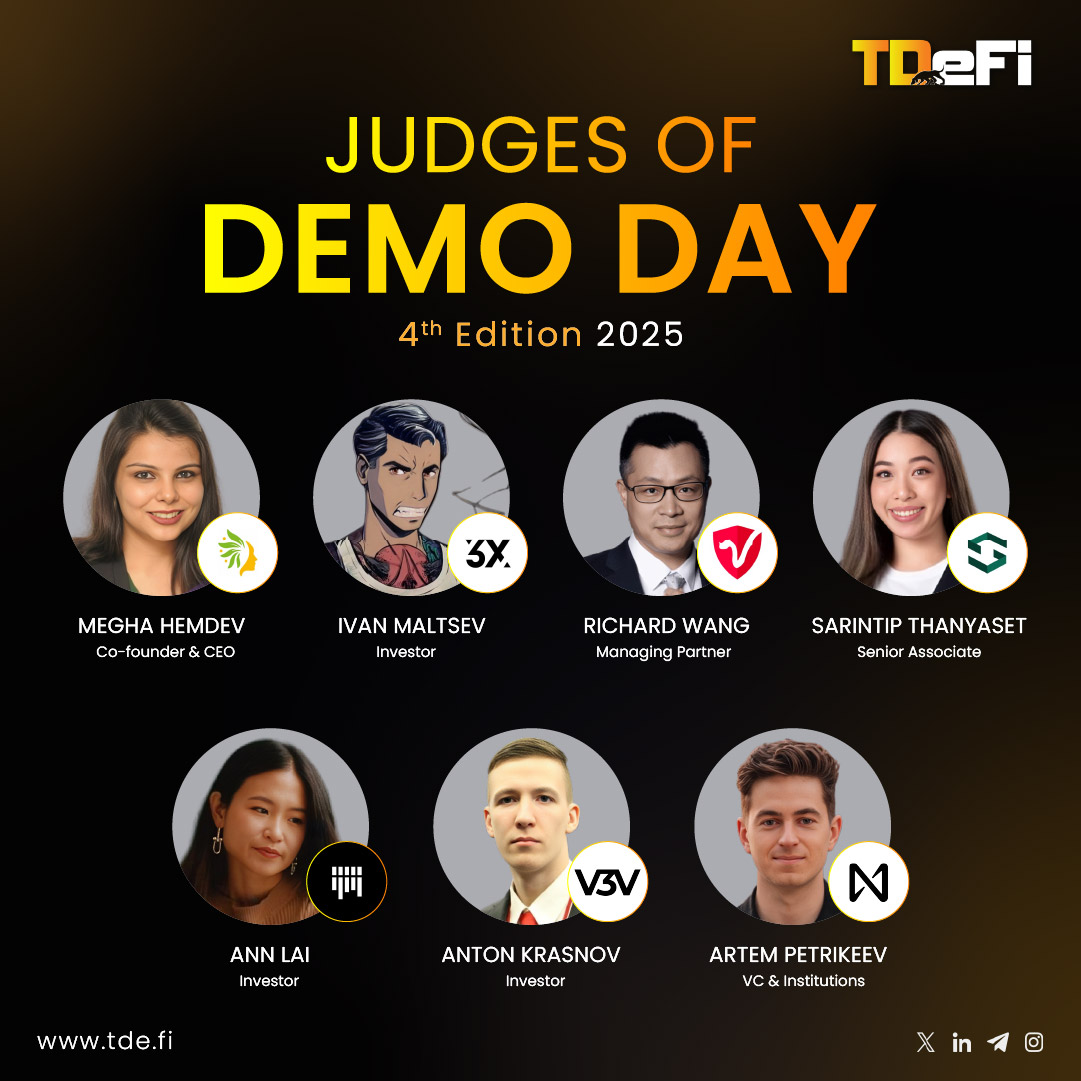 TDe_Fi's tweet photo. Investors managing global portfolios.
Builders who’ve scaled in DeFi, AI, and infrastructure. Decision-makers who know what real traction looks like.

Today’s panel at TDeFi Demo Day brings together:
@meghahemdev  – @mansaconsult  | Ivan Maltsev – @capital_3x | @Richard88488054  – @DraperDragon | @SarintipThanya2 – @JSquare_co | Ann Lai – Skeleton Key | Anton Krasnov – @v3v_ventures | Artem Petrikeev – NEAR Foundation

They’ll share what’s working in their ecosystems, offer sharp insights from the frontlines. Most importantly, give founders feedback that can change the trajectory of a venture.

We’re grateful for the expertise in the room and excited for the conversations, connections, and opportunities ahead.