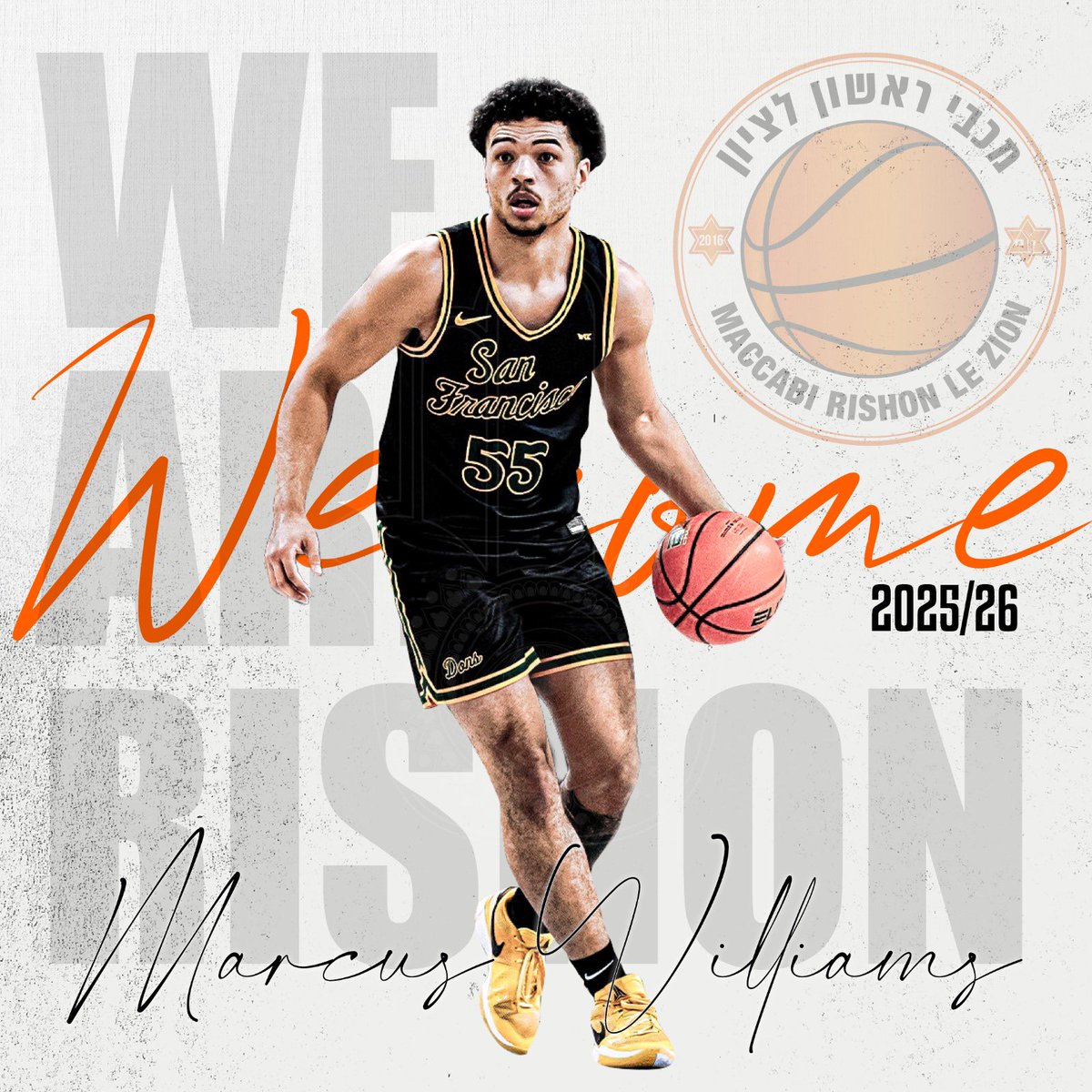 maccabirishon's tweet photo. מועדון הכדורסל מכבי ראשון לציון שמח לבשר על החתמתו של הגארד מרקוס וויליאמס.
וויליאמס (1.88, 23) הוא בוגר אוניברסיטת סן פרנסיסקו המשחקת בדיוויזן 1. בעונתו הראשונה נבחר לפרשמן השנה, ובעונת 2023/24 נבחר לחמישייה הראשונה בקונפרנס. 
כמו כן, נכנס לעשרת הראשונים בהיסטוריה של האוניברסיטה https://t.co/BQ7WnXvWcl