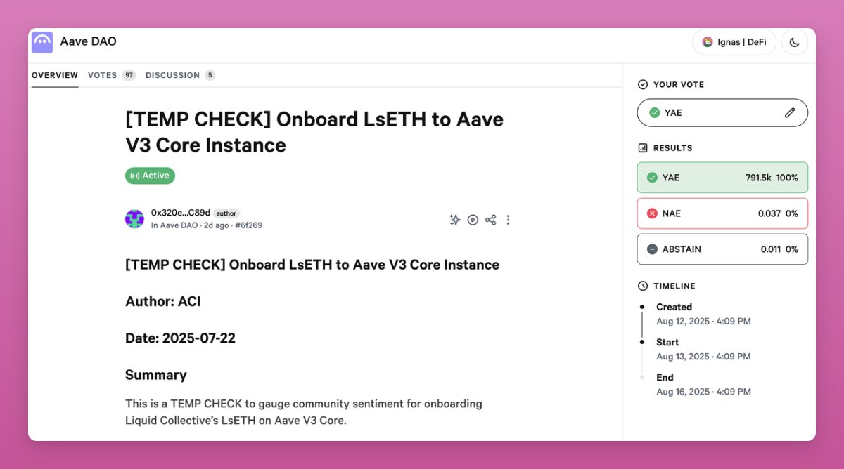 LsETH 온보딩을 위한 Aave DAO 임시 체크 제안
