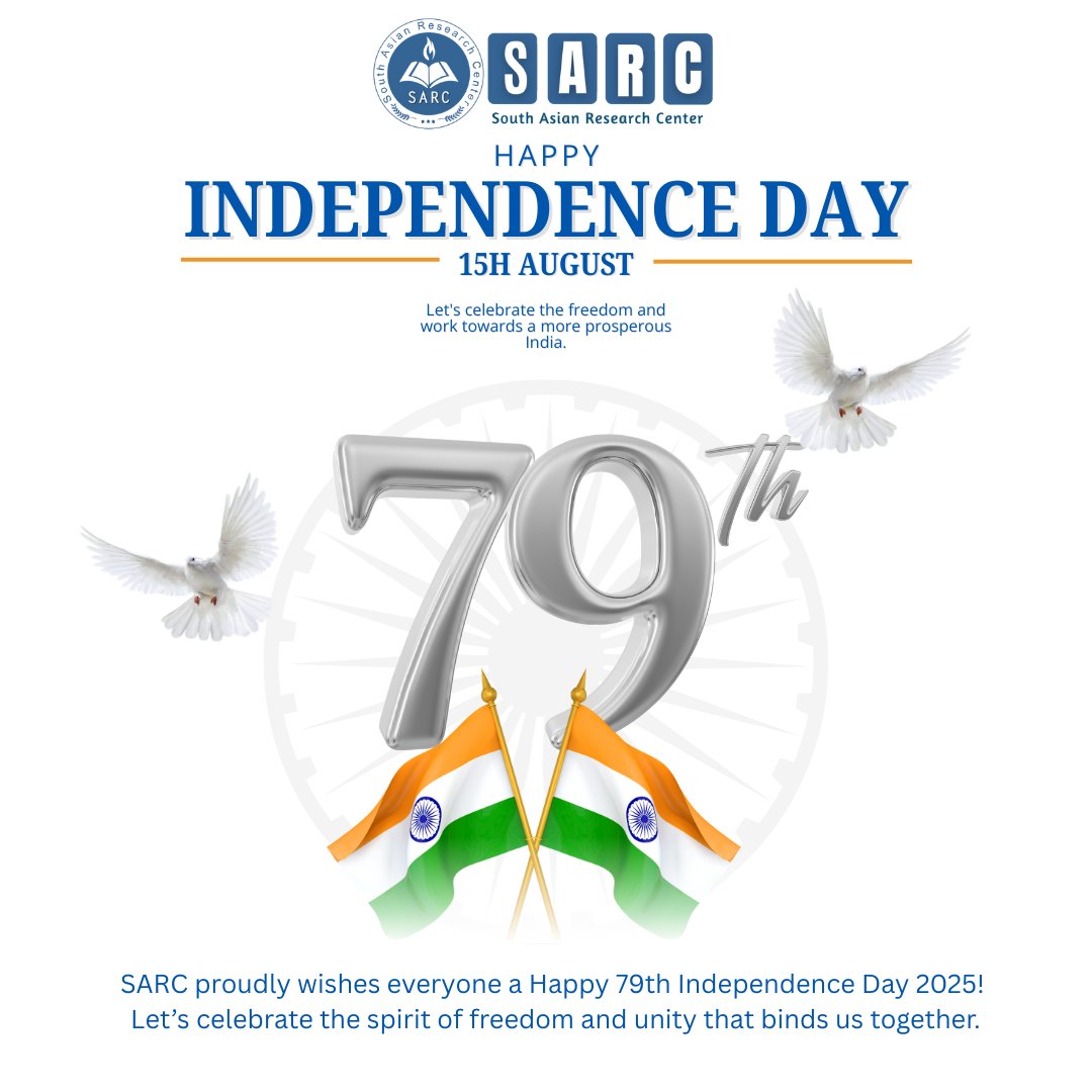 SARCCONFERENCE's tweet photo. SARC proudly wishes everyone a Happy 79th Independence Day 2025! 🇮🇳
Let’s honor our heroes and uphold the spirit of freedom, unity, and progress.

#IndependenceDay2025 #79YearsOfFreedom #JaiHind #SARC https://t.co/SztBMosNnP