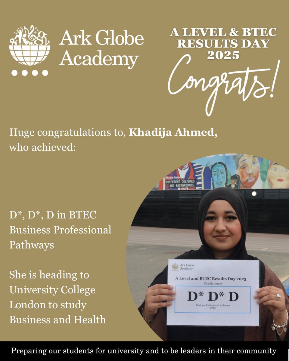 Ark Globe Academy (@arkglobeacademy) on Twitter photo Congratulations to Khadija who got D*, D*, D in #BTEC Business Professional Pathways and will study Business and Health at <a href="/ucl/">UCL</a>
#ALevelResultsDay2025 <a href="/ArkSchools/">Ark Schools & Ventures</a> <a href="/MattJones_Globe/">Matt Jones</a> Congratulations to Khadija who got D*, D*, D in #BTEC Business Professional Pathways and will study Business and Health at <a href="/ucl/">UCL</a>
#ALevelResultsDay2025 <a href="/ArkSchools/">Ark Schools & Ventures</a> <a href="/MattJones_Globe/">Matt Jones</a>