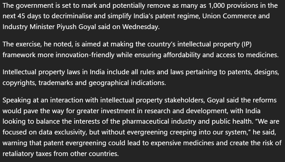 WhitePillzONLY's tweet photo. Government will remove about 1000 outdated provisions from India's patent system

A big decriminalization and deregulation drive

We should also look into hiring more patent officers.
China, with same population as our, has multiple times more such officers. https://t.co/RgVsq8NBfE