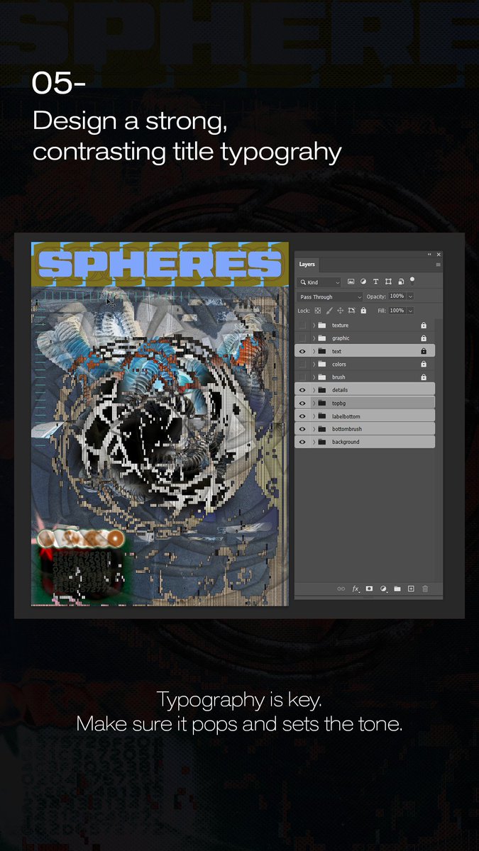 losxytwo's tweet photo. Step 5 Design a strong, contrasting title typograhy.  

Step 6 Use brushes to add glow or bloom.  

Step 7 Add gradients &amp; color adjustments. Shift the mood and enhance your composition with color.  

Step 8 Place your main object or focal point.+ https://t.co/eKkm7T7eL5
