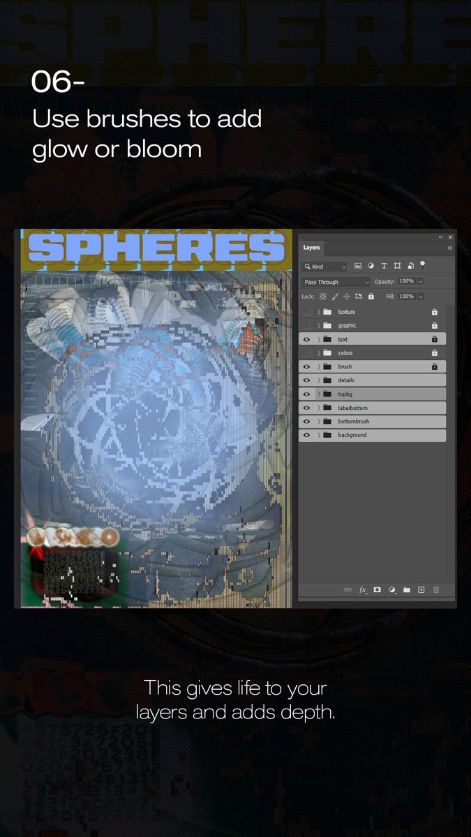 losxytwo's tweet photo. Step 5 Design a strong, contrasting title typograhy.  

Step 6 Use brushes to add glow or bloom.  

Step 7 Add gradients &amp; color adjustments. Shift the mood and enhance your composition with color.  

Step 8 Place your main object or focal point.+ https://t.co/eKkm7T7eL5