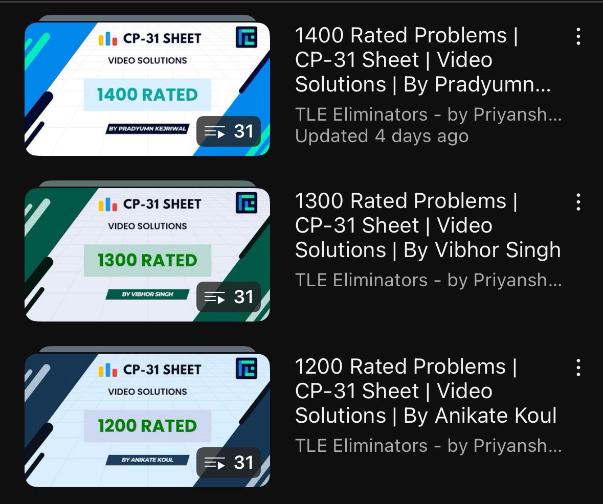 Video Solutions are now available for all problems from 800 to 1400 rating from the CP-31 sheet😤

Onto 1500 from this week.